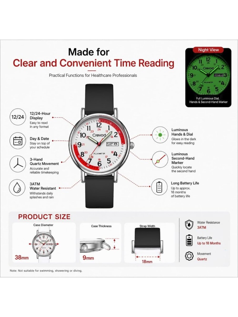 Unisex Silver-Red Face-Black Waterproof Military Time Easy to Read Dial Watches - Picture 6 of 7